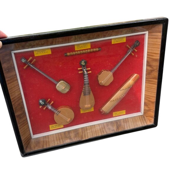 Framed Miniature Chinese Musical Instruments Display With Red Velvet Backing - Picture 1 of 7